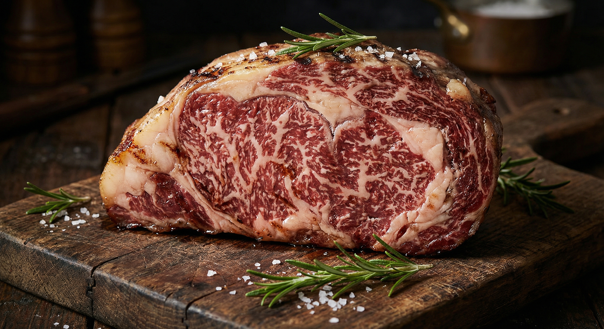 Australian wagyu ribeye steak with intense marbling on wooden board