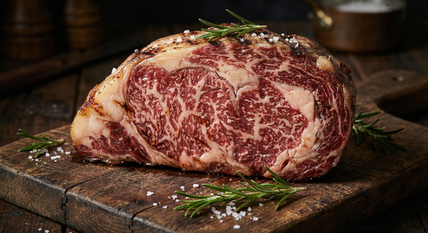 Australian wagyu ribeye steak with intense marbling on wooden board
