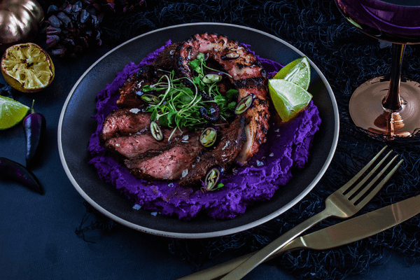 Chipotle & Coffee Rubbed Ribeyes with Octopus & Purple Sweet Potato Mash Recipe