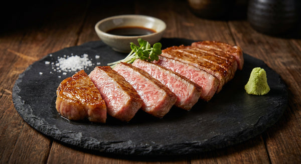 A5 Japanese wagyu beef steak with extraordinary marbling, seared and sliced on a dark slate plate
