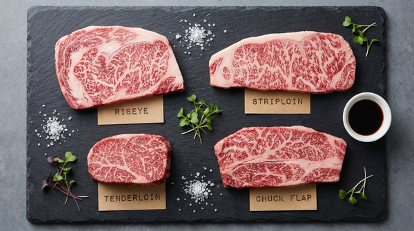 Four Japanese A5 wagyu cuts on dark slate showing extraordinary marbling — ribeye, striploin, tenderloin, and chuck flap