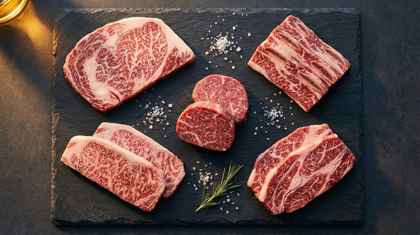 Five different Japanese A5 wagyu beef cuts displayed on dark slate showing extraordinary marbling