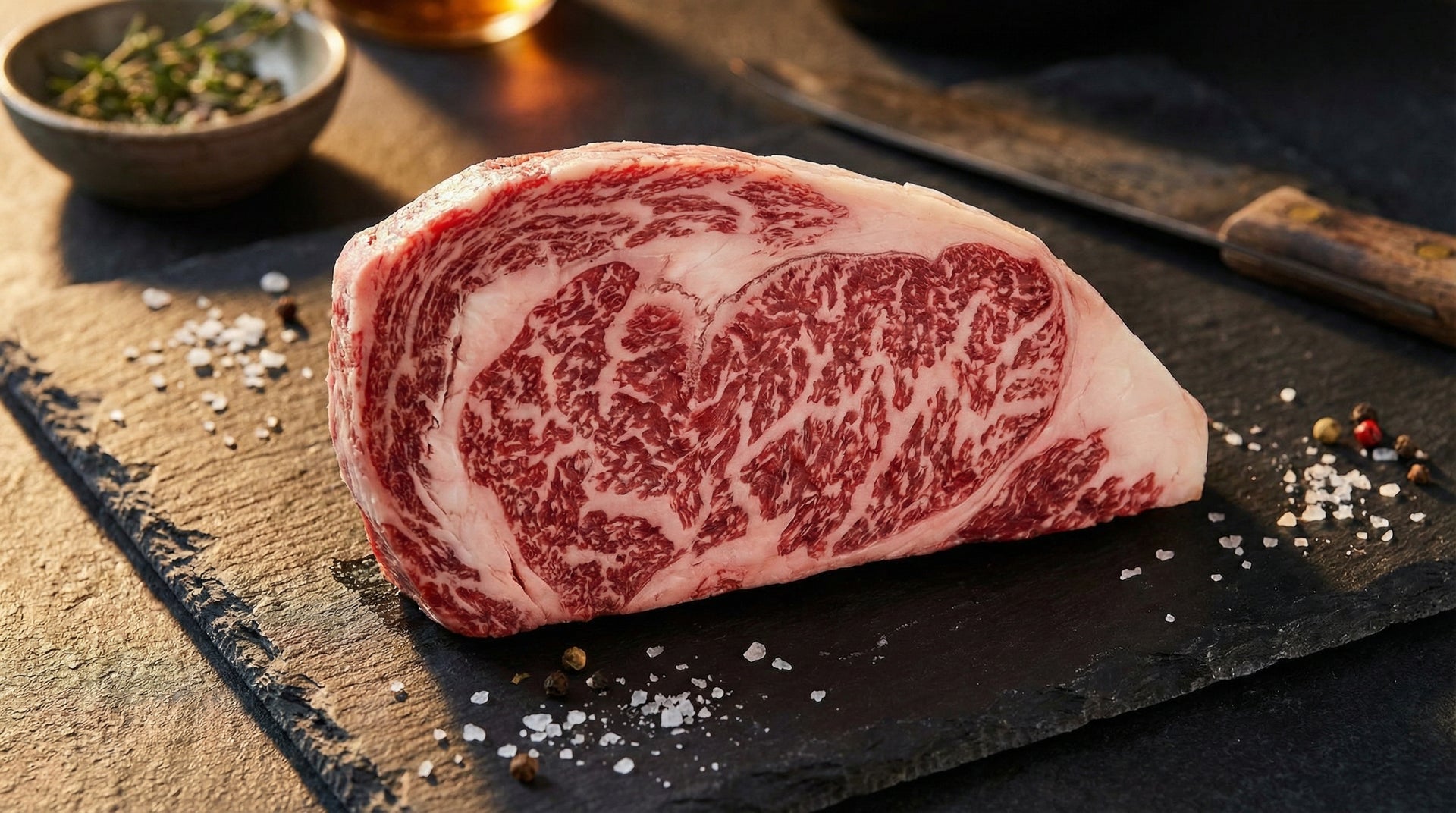A5 wagyu ribeye showing extraordinary BMS 10 marbling