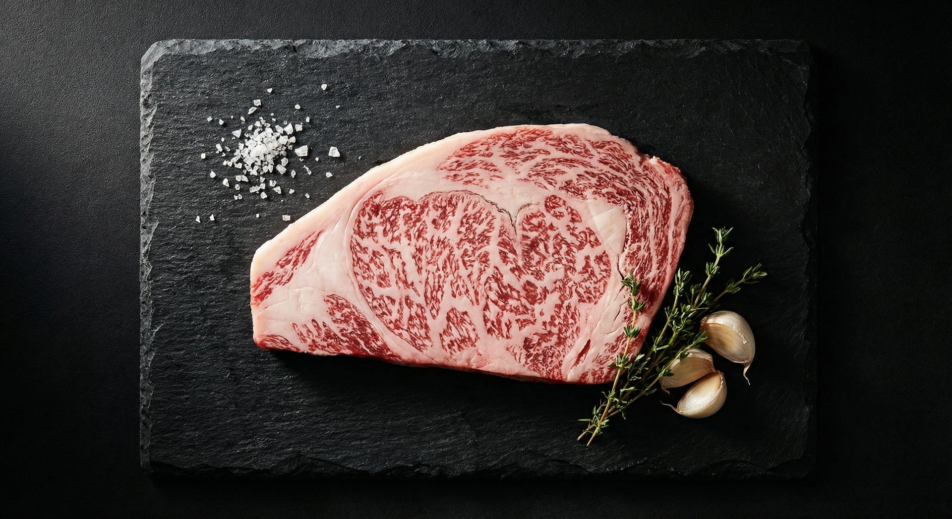 Premium Japanese A5 wagyu ribeye steak showing intense white marbling on black slate surface