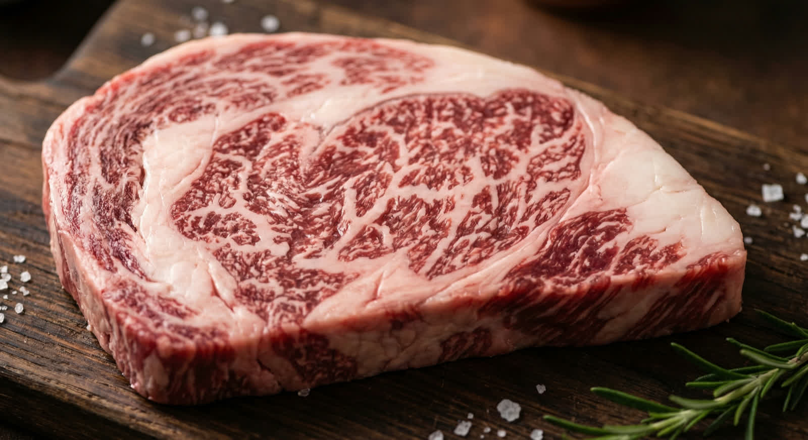Close-up of A5 Japanese wagyu beef showing intricate marbling pattern