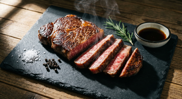 Seared A5 wagyu steak showing rich marbling and caramelized crust