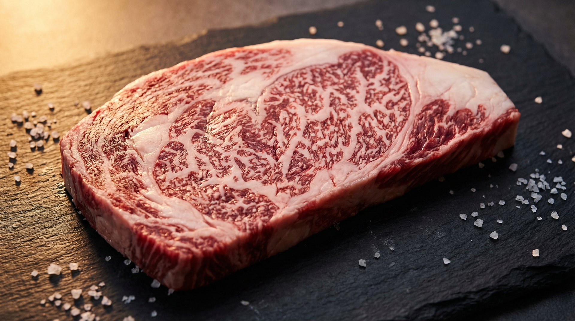 A5 Japanese wagyu ribeye cross-section showing BMS 12 intramuscular fat marbling on dark slate