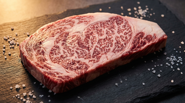 A5 Japanese wagyu ribeye cross-section showing BMS 12 intramuscular fat marbling on dark slate