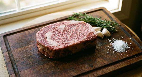 Beautifully marbled American Wagyu ribeye steak on a dark wooden cutting board
