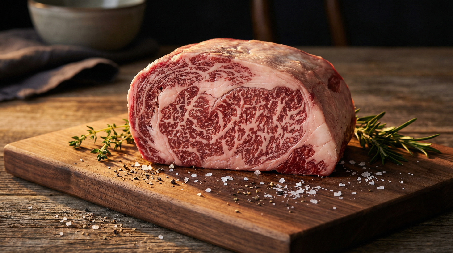 American wagyu ribeye steak with rich intramuscular marbling on walnut cutting board