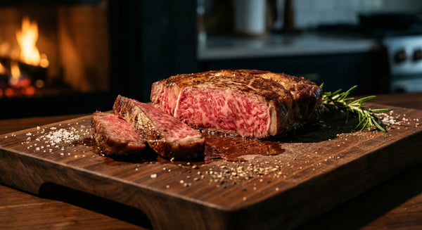 Beautifully marbled American Wagyu ribeye steak on a dark cutting board