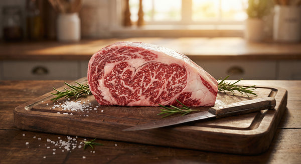 Beautifully marbled Australian wagyu ribeye steak on a dark cutting board