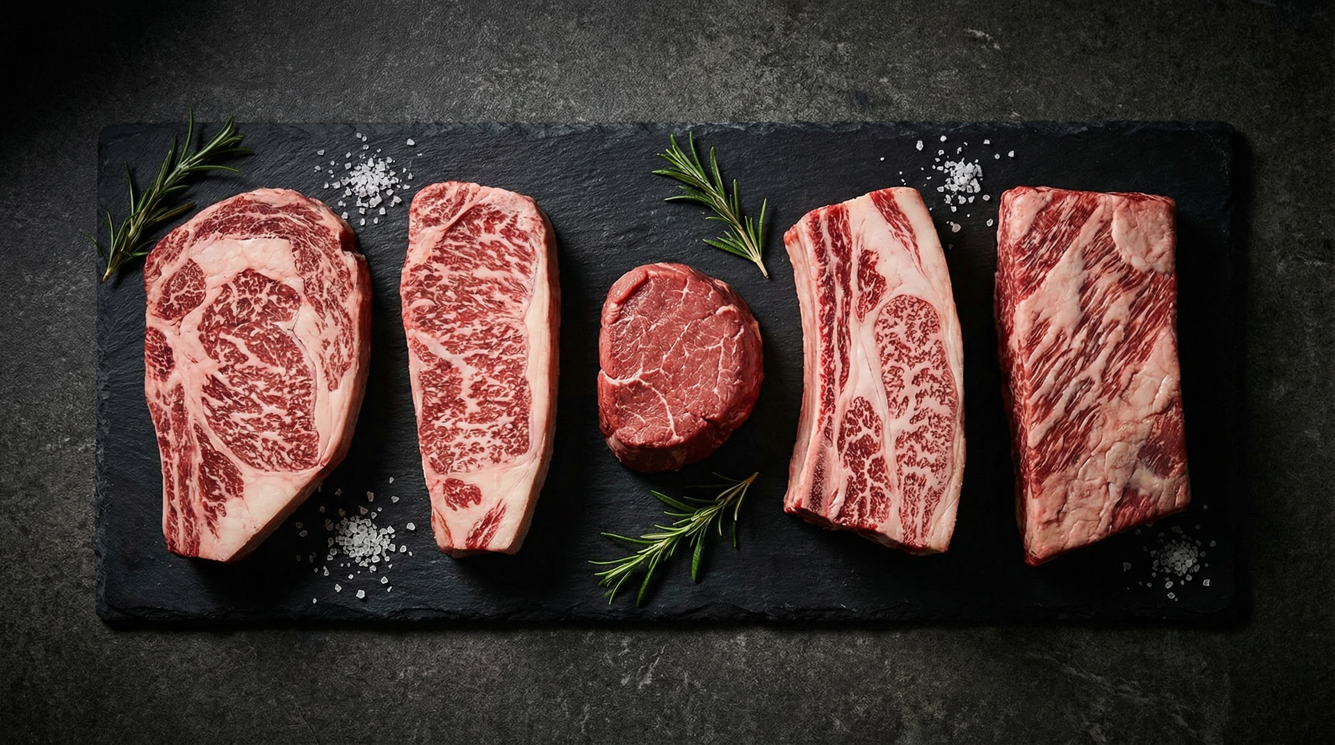 Five premium wagyu beef cuts arranged on dark slate showing varying marbling levels