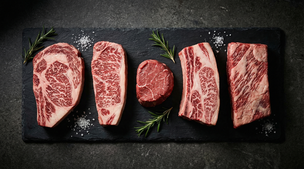 Five premium wagyu beef cuts arranged on dark slate showing varying marbling levels