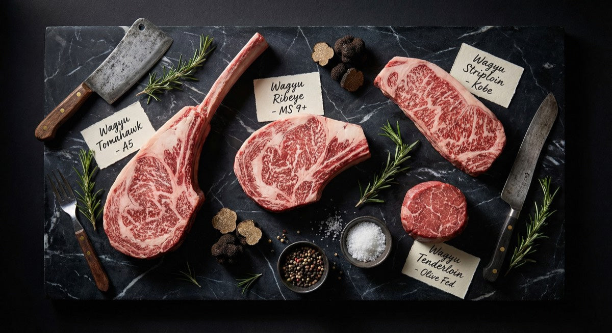 Premium wagyu steak cuts selection on marble surface - AI generated