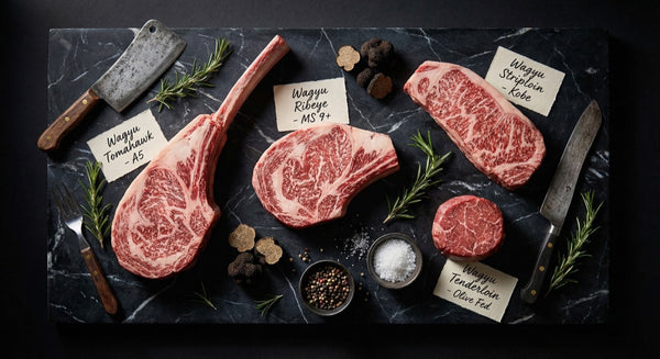Premium wagyu steak cuts selection on marble surface - AI generated