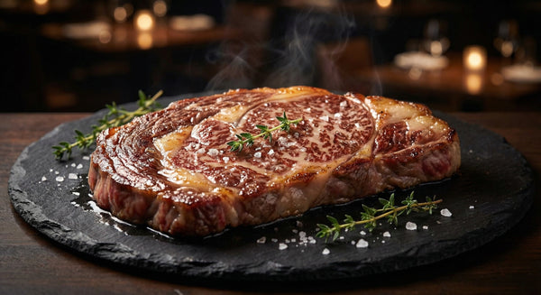 Japanese A5 wagyu steak with visible marbling on slate plate - premium beef to buy online