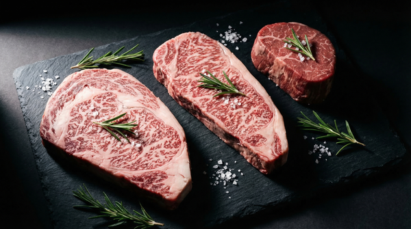 Wagyu beef tasting platter with A5 ribeye, strip, and tenderloin showing distinctive marbling patterns