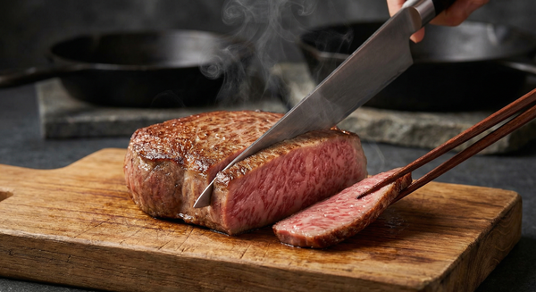 A5 wagyu steak sliced to reveal perfect medium-rare interior