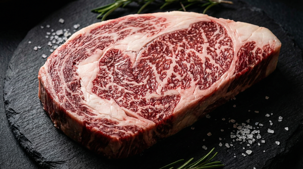 A5 wagyu ribeye cross-section showing extraordinary BMS 12 marbling on dark slate