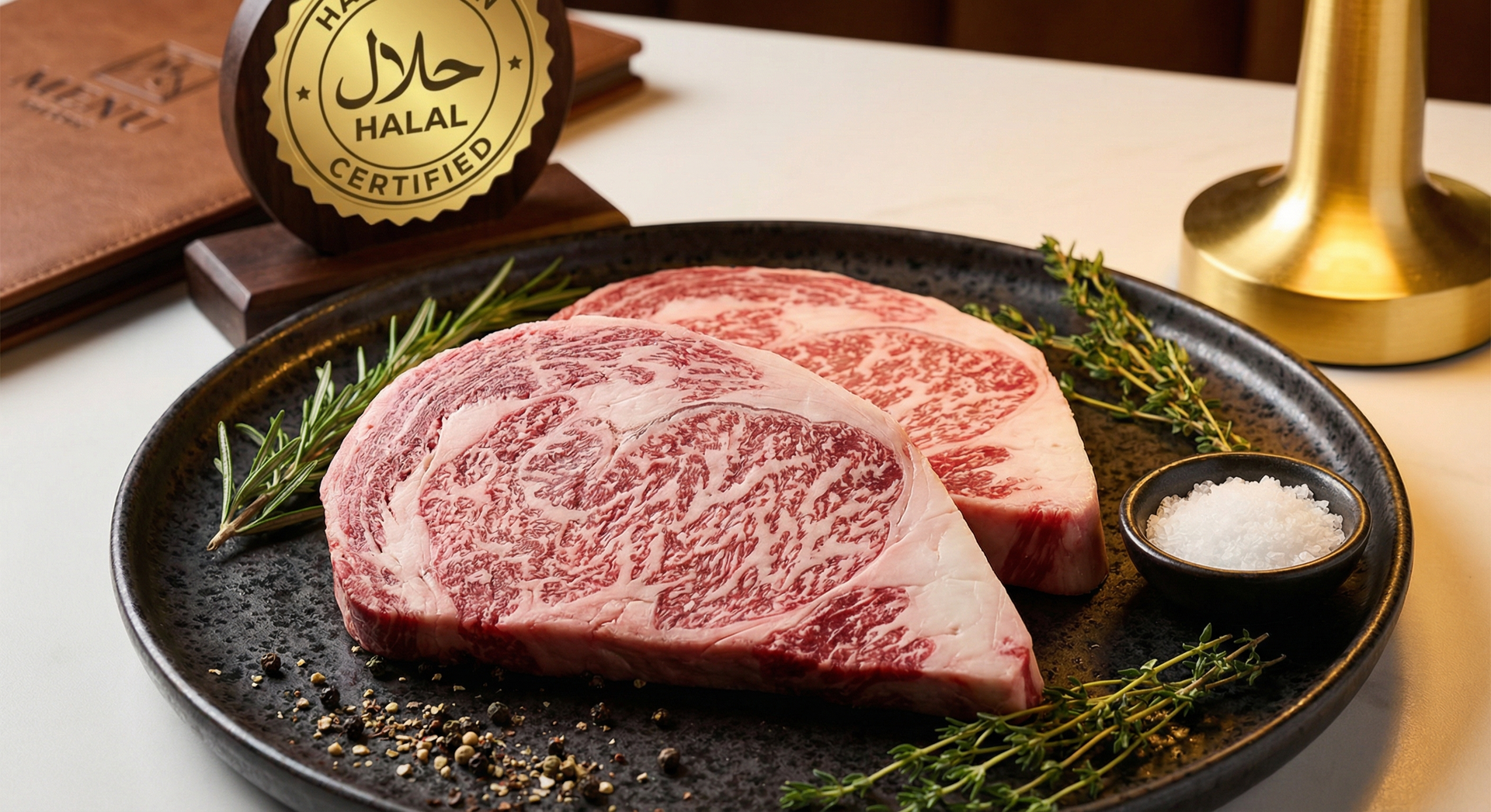 Premium halal wagyu beef steaks showing rich marbling on an elegant dark plate