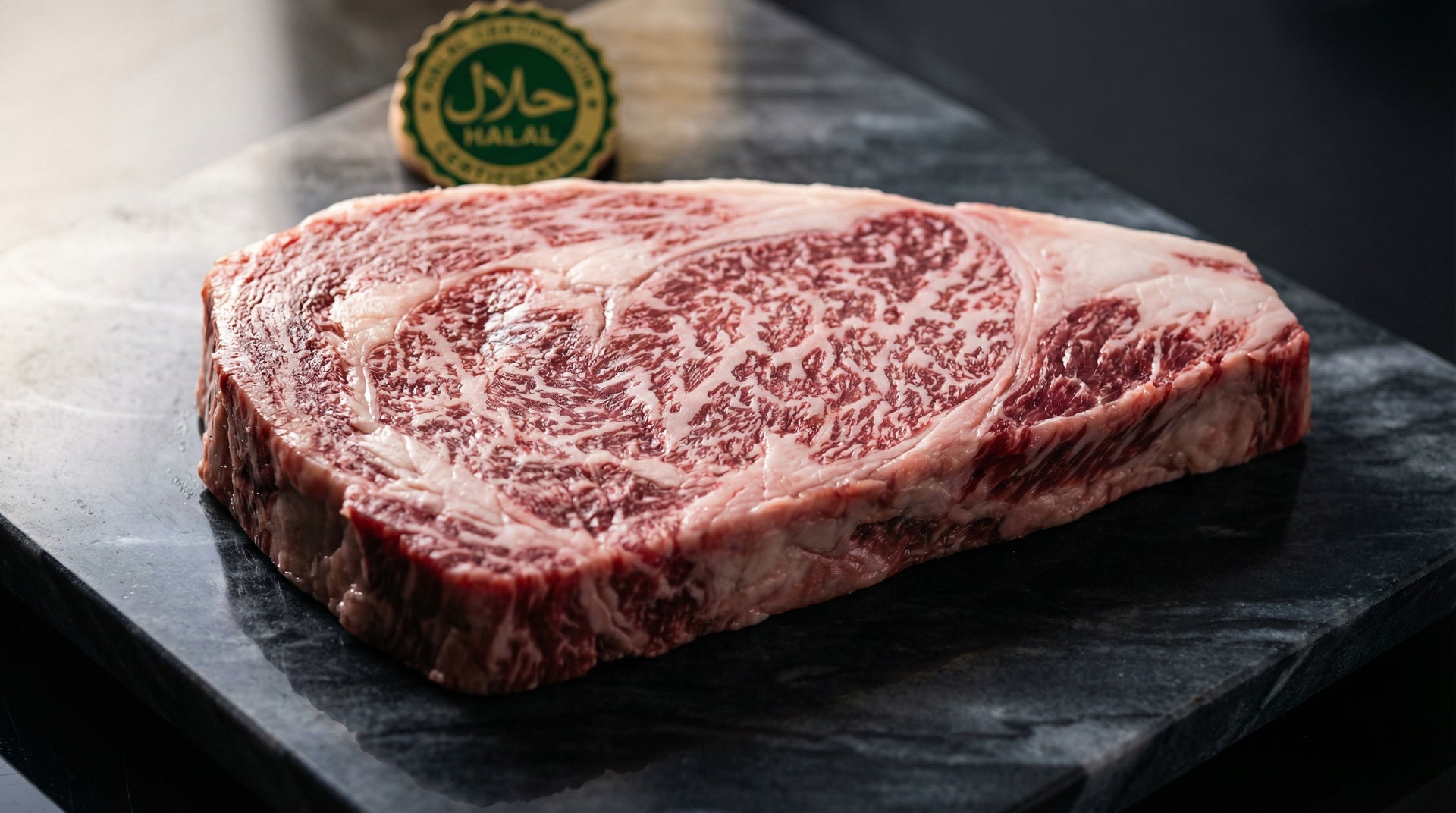 Premium halal-certified A5 wagyu ribeye showing BMS 11 marbling with halal certification seal
