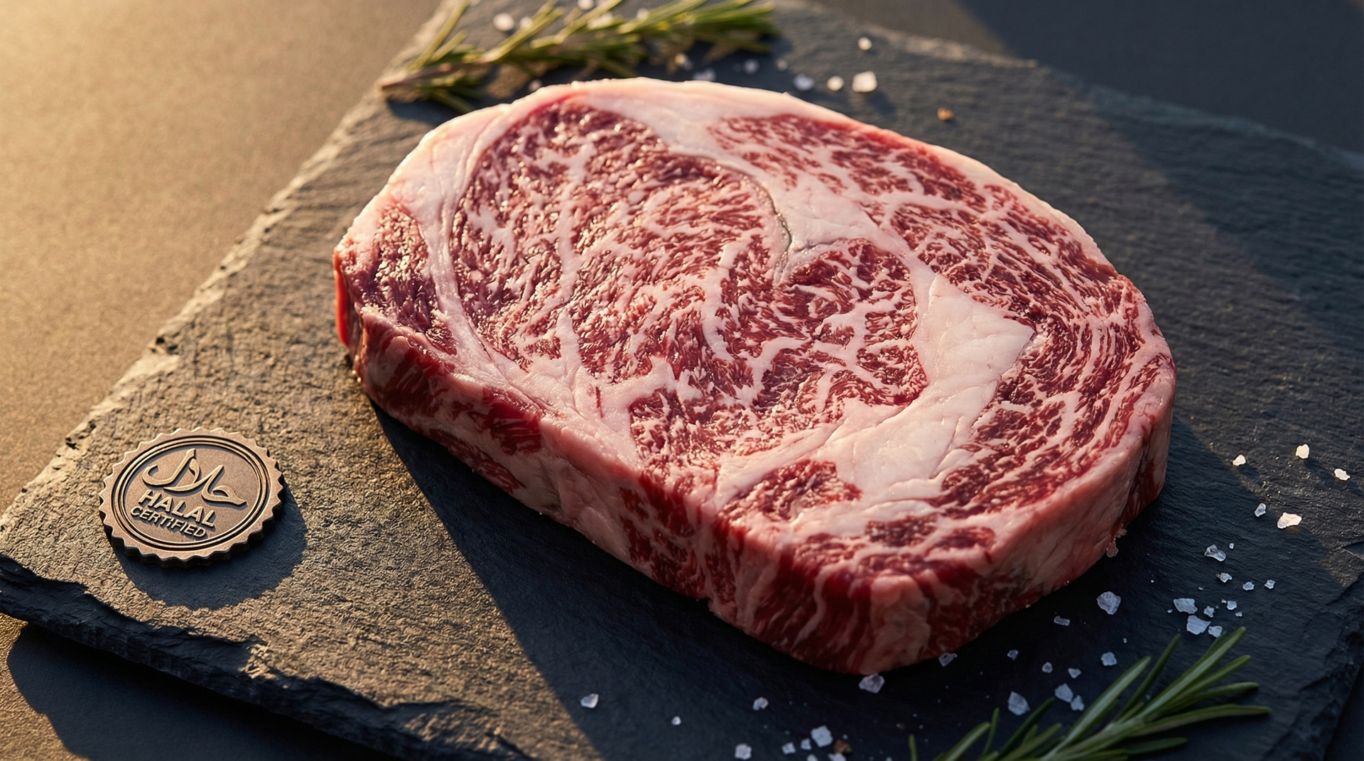 Premium halal-certified A5 wagyu ribeye steak showing extraordinary BMS 12 marbling on dark slate
