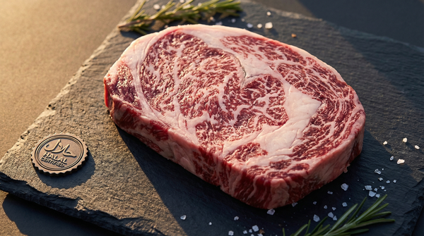 Premium halal-certified A5 wagyu ribeye steak showing extraordinary BMS 12 marbling on dark slate