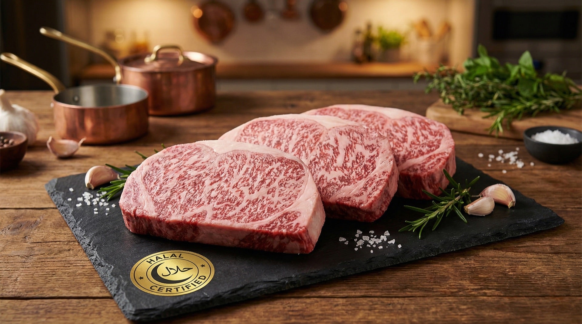 Halal certified wagyu beef steaks on dark slate serving board