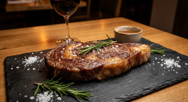 Premium halal wagyu steak with rich marbling, seared medium-rare on a dark slate board
