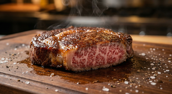 Perfectly seared Japanese A5 Wagyu ribeye steak on cutting board - AI generated