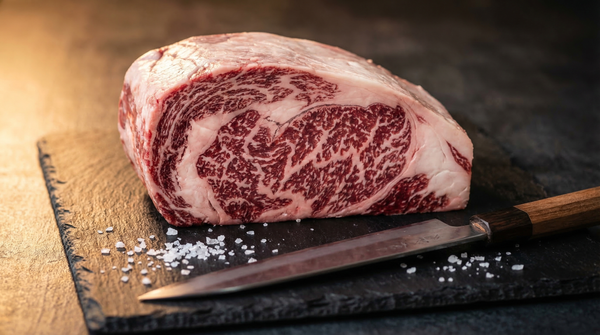 A5 Kobe beef ribeye with extraordinary marbling on dark slate board