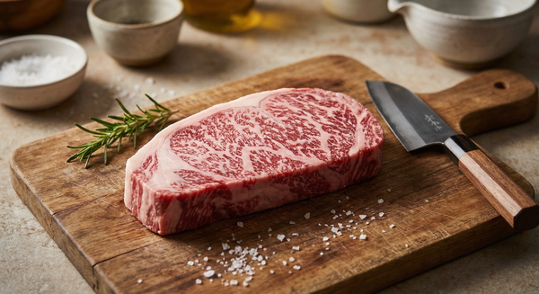 Premium Kobe beef steak showing extreme marbling with white fat ribbons throughout deep red meat