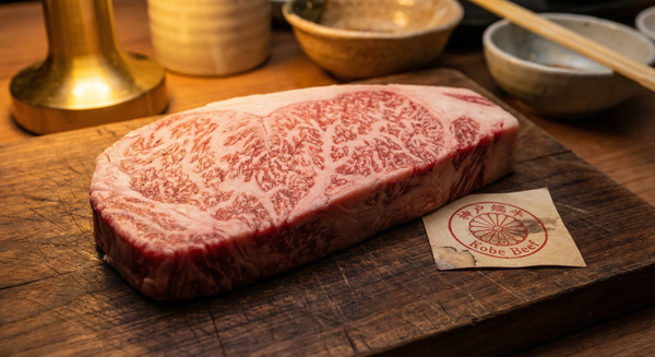 Beautifully marbled authentic Kobe beef steak on a Japanese wooden cutting board with certification seal