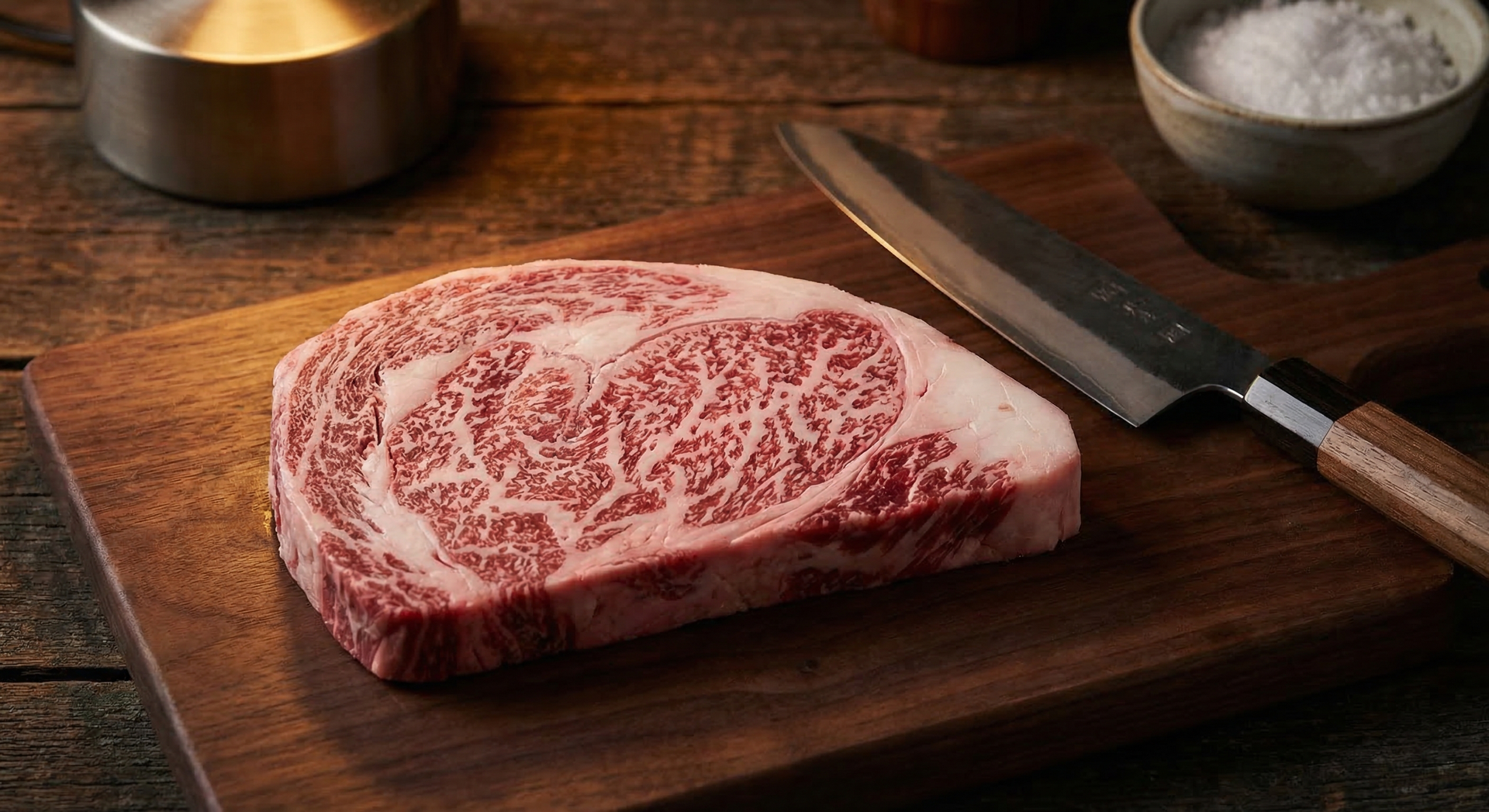 A5 Kobe beef ribeye steak with intricate white marbling on dark wooden cutting board