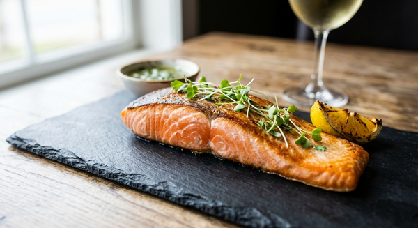 Ora King salmon fillet with rich marbling on dark slate board