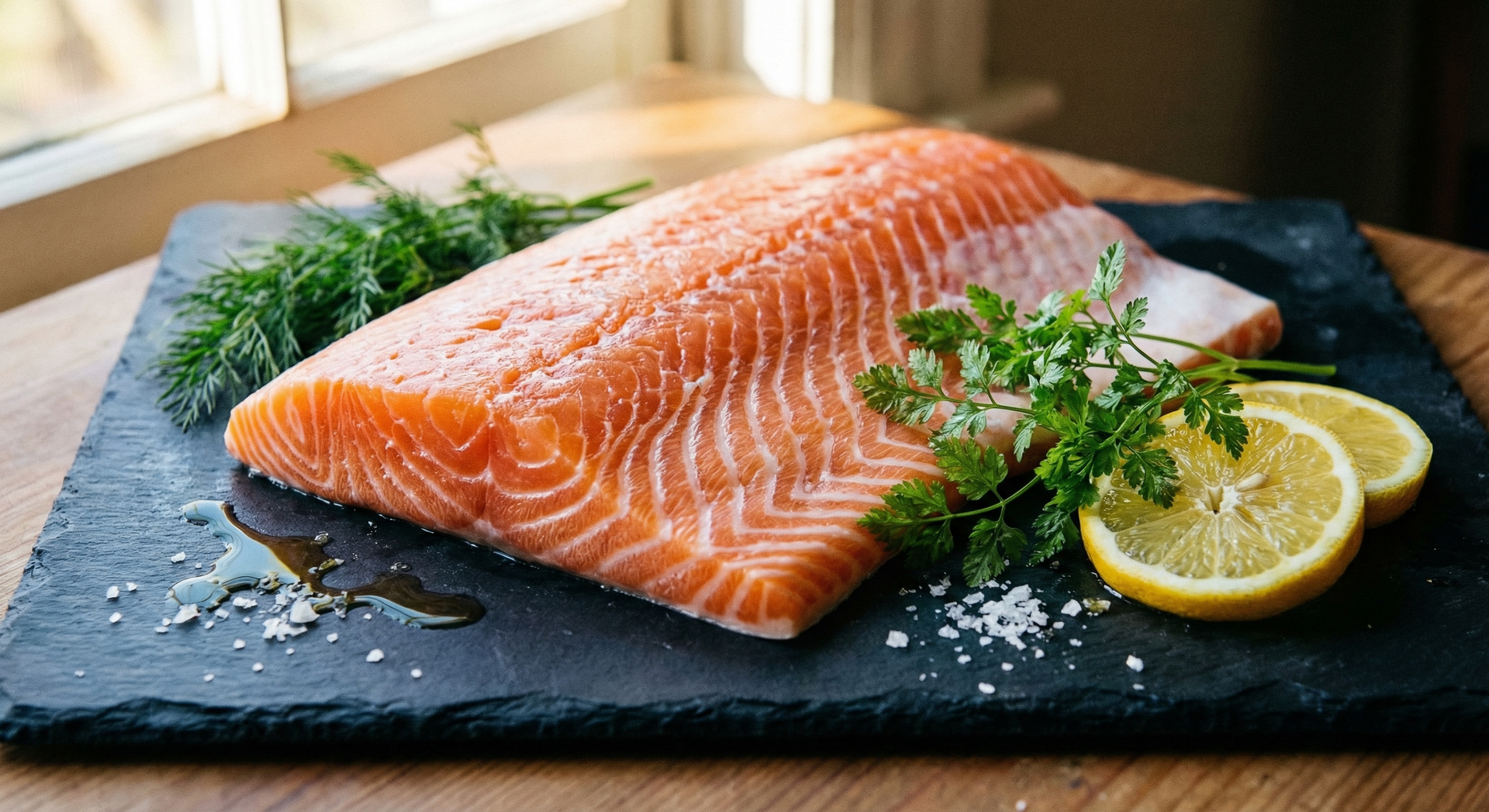 Fresh Ora King salmon fillet with vibrant marbling on dark slate cutting board