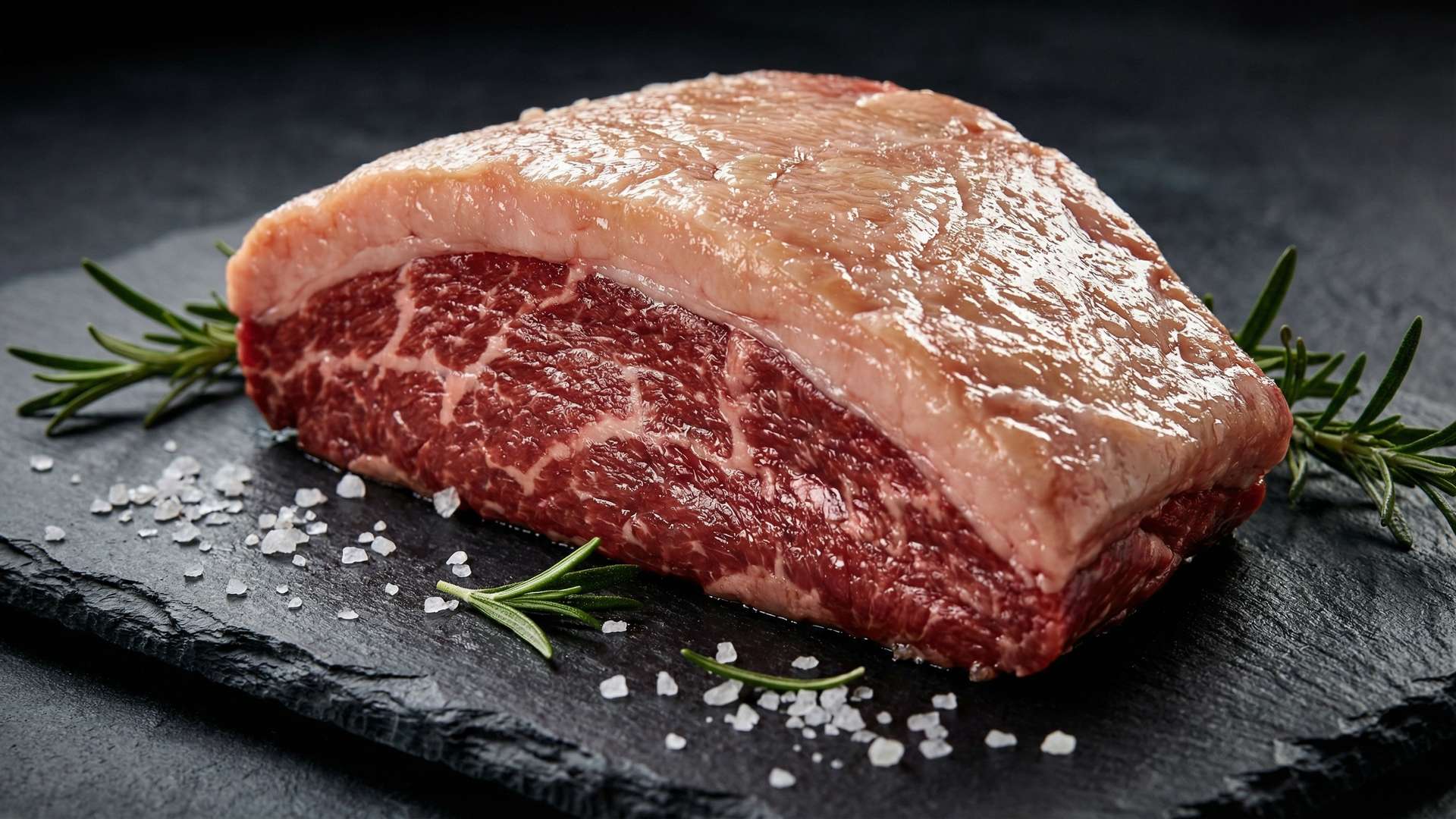 Raw picanha steak with thick fat cap on dark slate board - AI generated