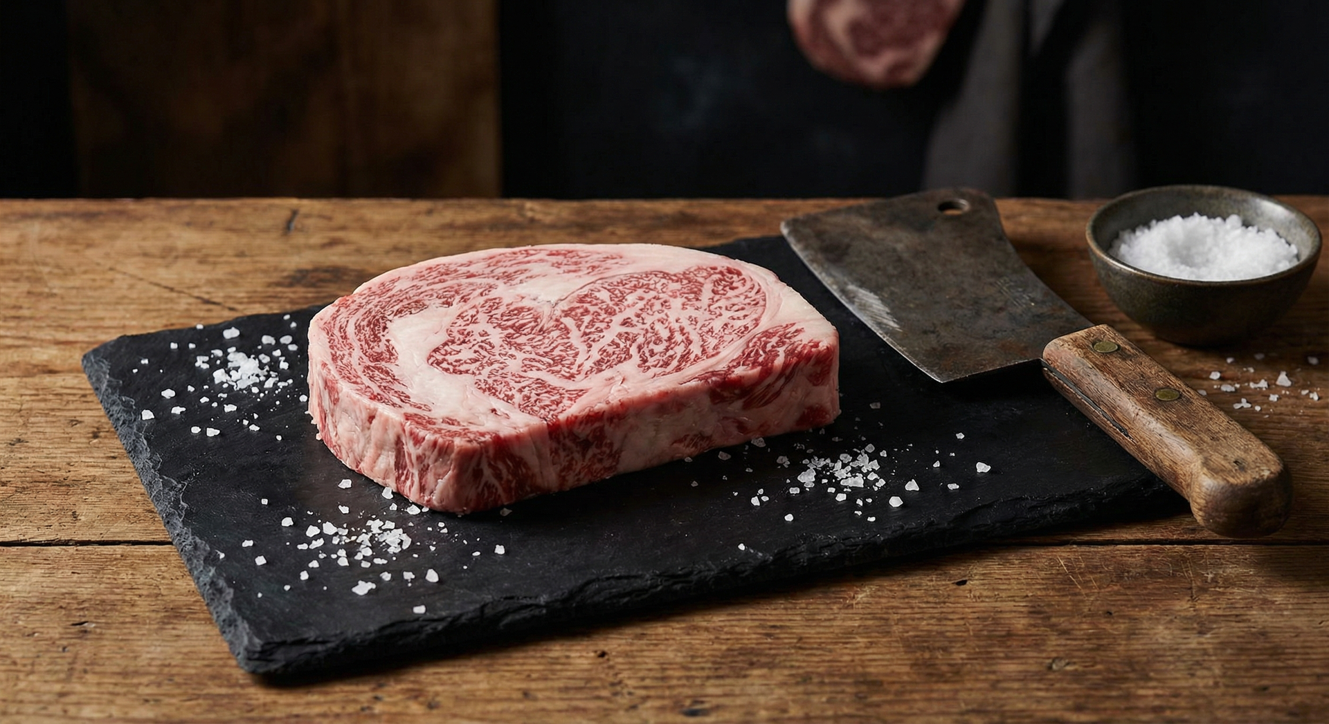 Premium halal wagyu beef ribeye with extraordinary marbling on dark marble surface