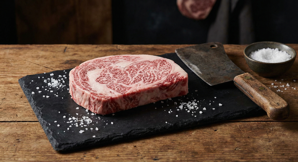 Premium halal wagyu beef ribeye with extraordinary marbling on dark marble surface