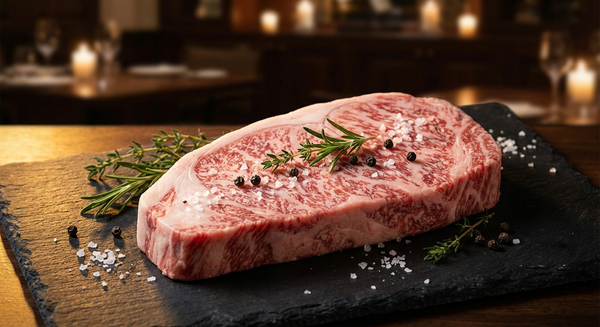 Premium Japanese A5 wagyu beef steak with incredible marbling on a dark slate board