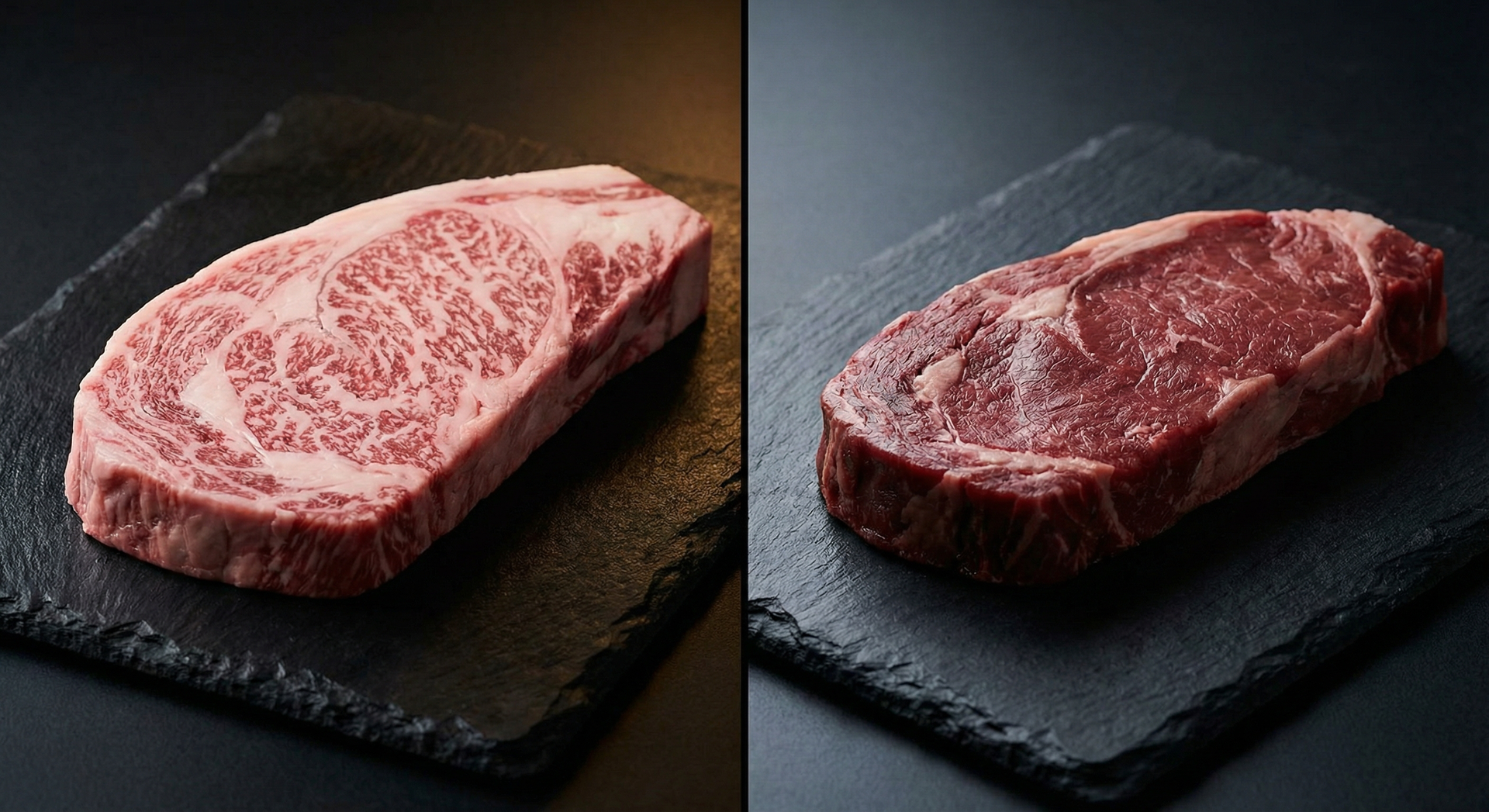 Comparison of heavily marbled wagyu and lean Angus ribeye steaks