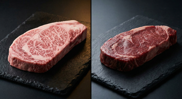 Comparison of heavily marbled wagyu and lean Angus ribeye steaks
