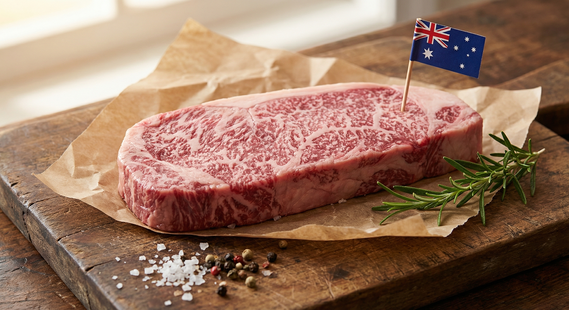 Raw Australian wagyu striploin showing rich marbling