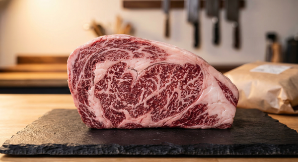 Close-up of beautifully marbled A5 wagyu beef ribeye showing intricate intramuscular fat patterns on dark slate