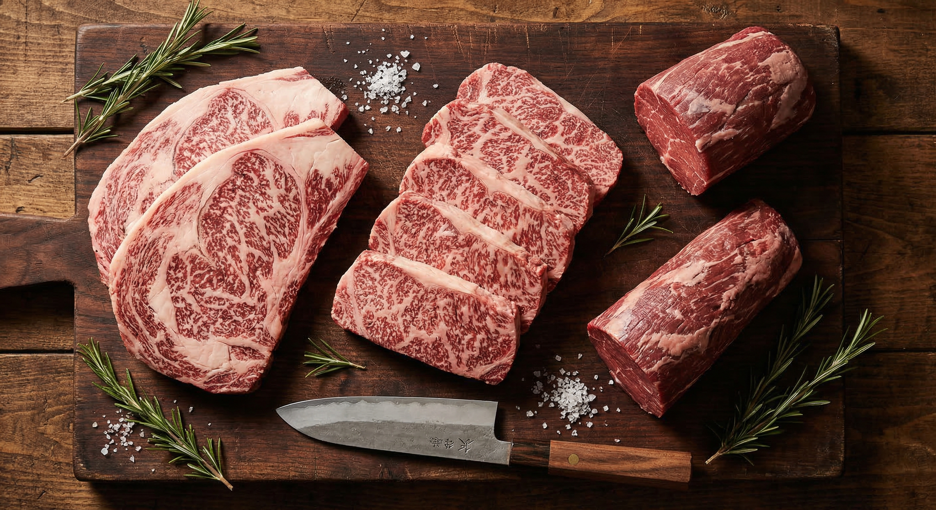 Premium wagyu beef cuts on dark butcher board showing marbled ribeye strip loin and tenderloin