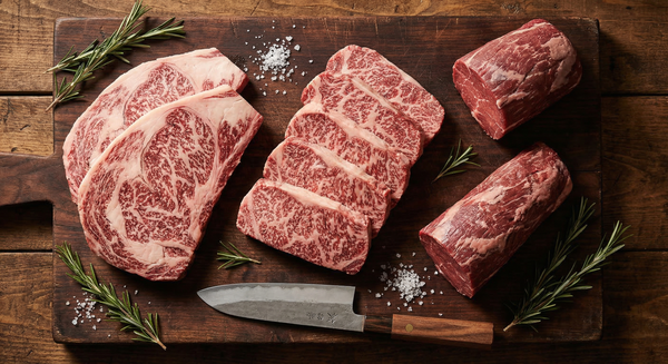Premium wagyu beef cuts on dark butcher board showing marbled ribeye strip loin and tenderloin
