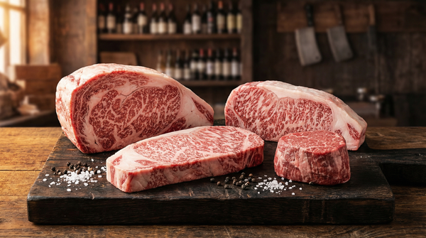 Various premium wagyu beef cuts with extraordinary intramuscular fat marbling displayed on dark wood board