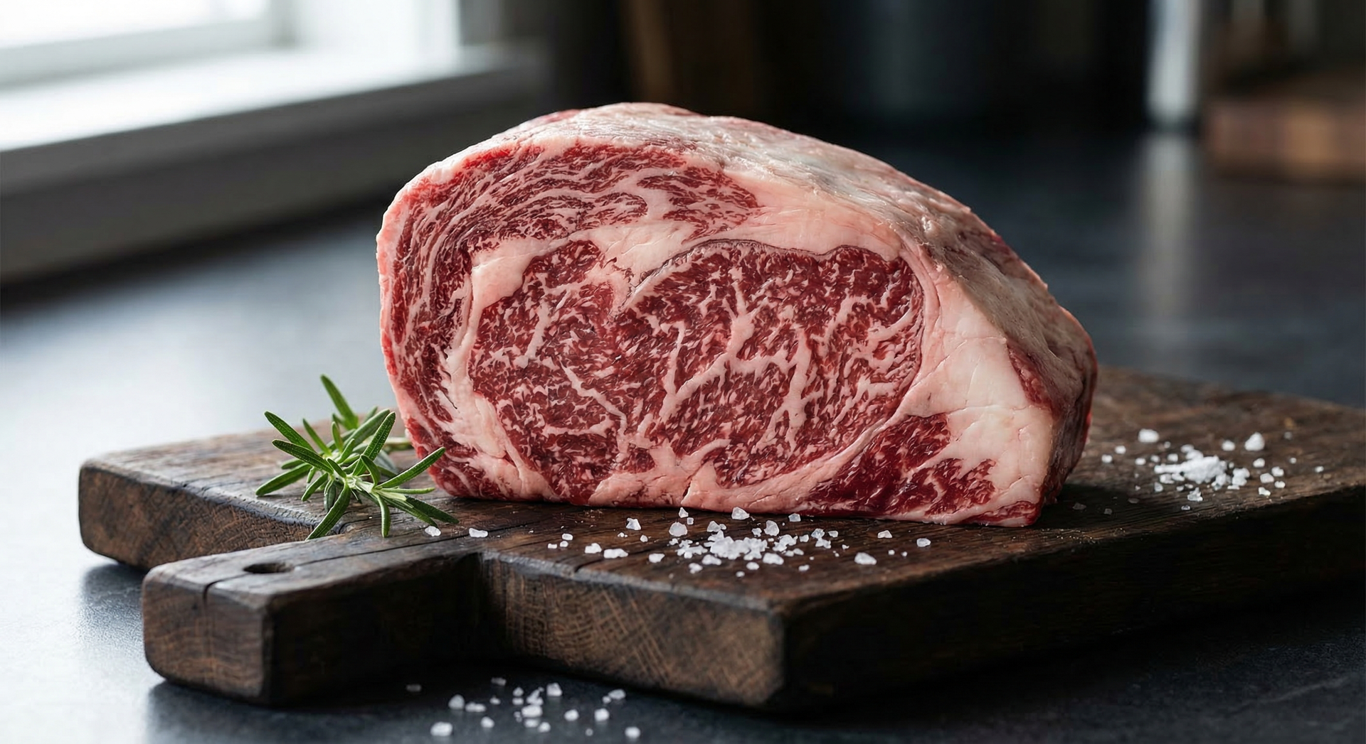 Beautifully marbled raw wagyu beef ribeye steak on dark wooden cutting board with rosemary