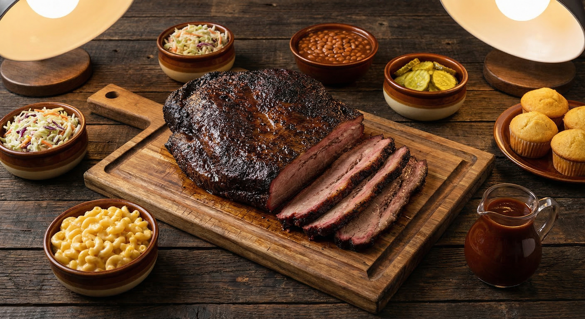 Smoked wagyu brisket on cutting board showing perfect bark and pink smoke ring